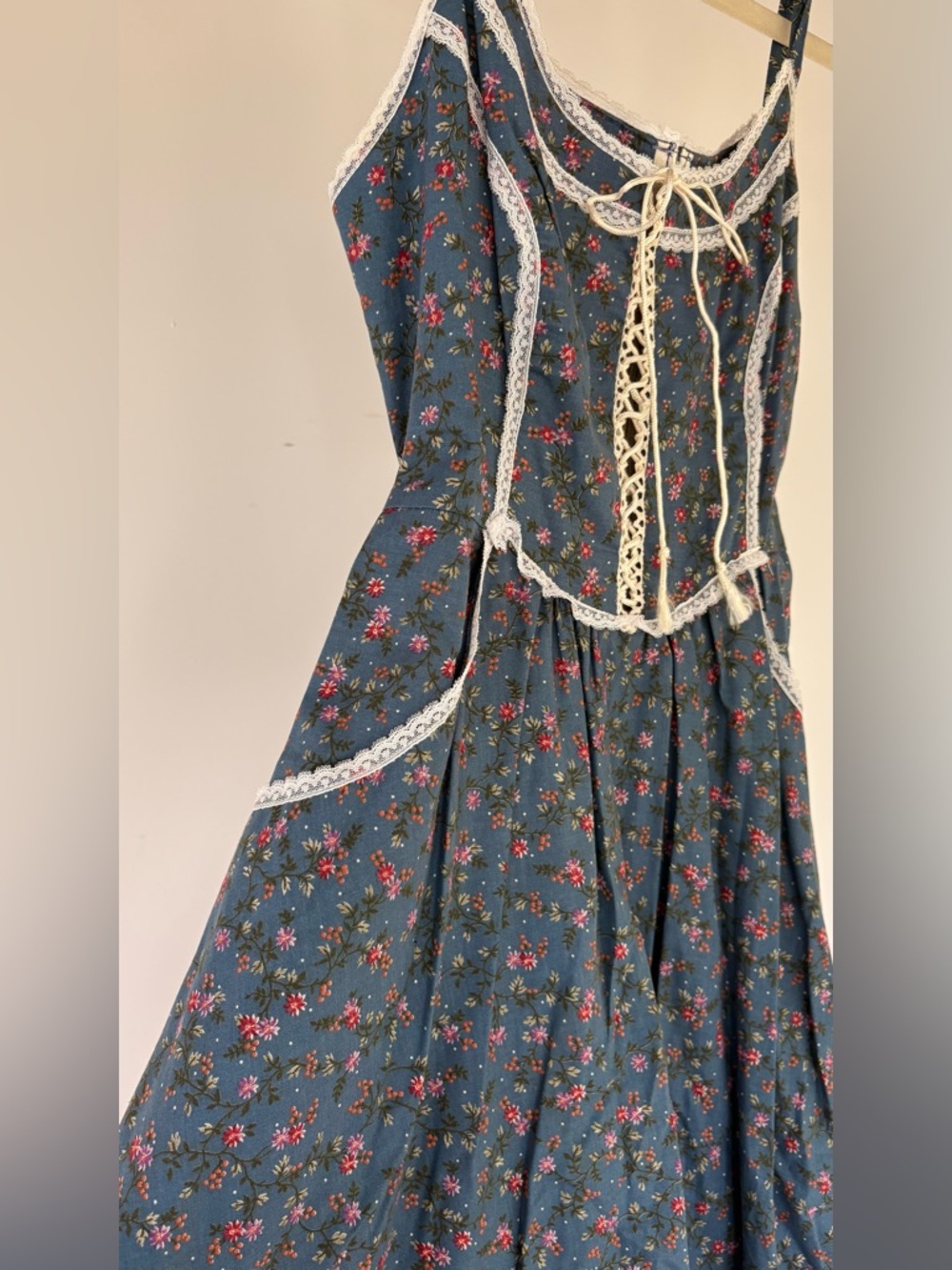 Vintage Gunne Sax by Jessica Blue Floral Corset Lace-Up Prairie Dress German - Picture 4 of 9